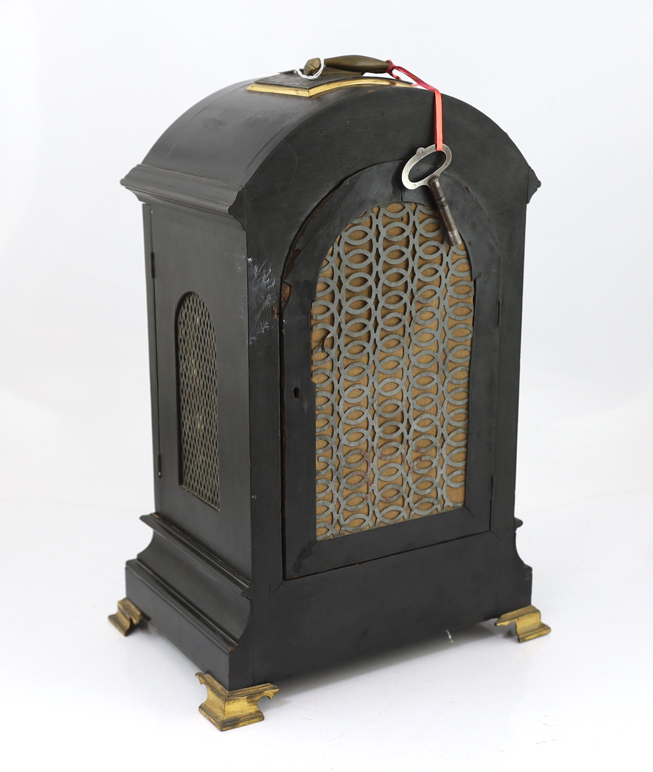 A late Victorian Georgian style ebonised eight day chiming bracket clock 34cm wide, 24cm deep, 51cm high